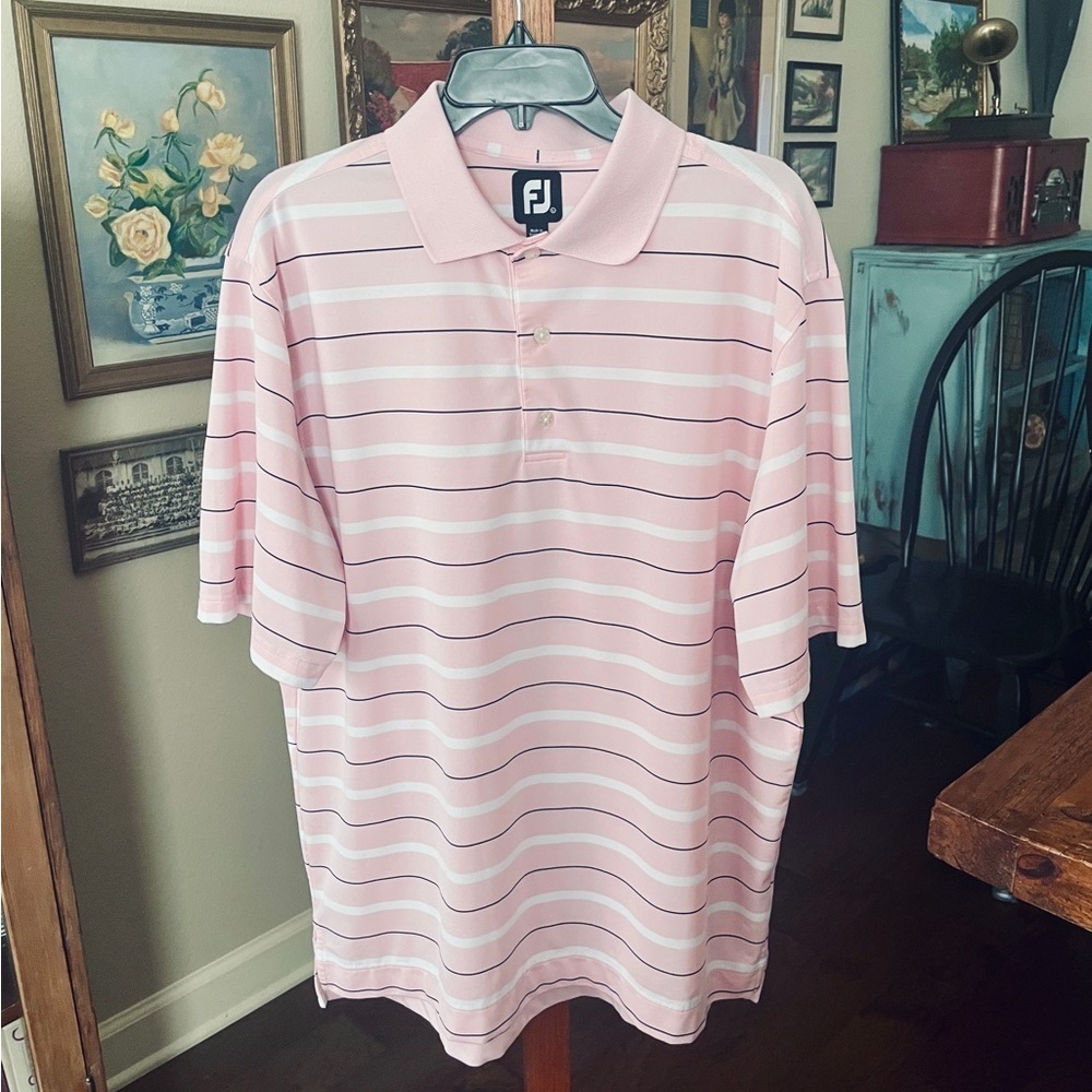 FootJoy men’s short sleeve stretch polo golf shirt L pink white black stripe - Picture 2 of 9